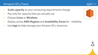Amazon EC2 Facts
• Scale capacity as your computing requirements change
• Pay only for capacity that you actually use
• Ch...