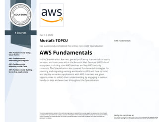 4 Courses
AWS Fundamentals: Going
Cloud-Native
AWS Fundamentals:
Addressing Security Risk
AWS Fundamentals:
Migrating to the Cloud
AWS Fundamentals: Building
Serverless Applications
AWS Fundamentals
Dec 13, 2020
Mustafa TOPCU
has successfully completed the online, non-credit Specialization
AWS Fundamentals
In this Specialization, learners gained proﬁciency in essential concepts,
services, and use cases within the Amazon Web Services (AWS) cloud
ecosystem, including core AWS services and key AWS security
concepts. The Specialization also covered fundamental strategies for
planning and migrating existing workloads to AWS and how to build
and deploy serverless applications with AWS. Learners are given
opportunities to solidify their understanding by engaging in various
hands-on labs and exercises throughout the Specialization.
The online specialization named in this certiﬁcate may draw on material from courses taught on-campus, but the included
courses are not equivalent to on-campus courses. Participation in this online specialization does not constitute enrollment
at this university. This certiﬁcate does not confer a University grade, course credit or degree, and it does not verify the
identity of the learner.
Verify this certiﬁcate at:
coursera.org/verify/specialization/GNTCALWMD76P
 
