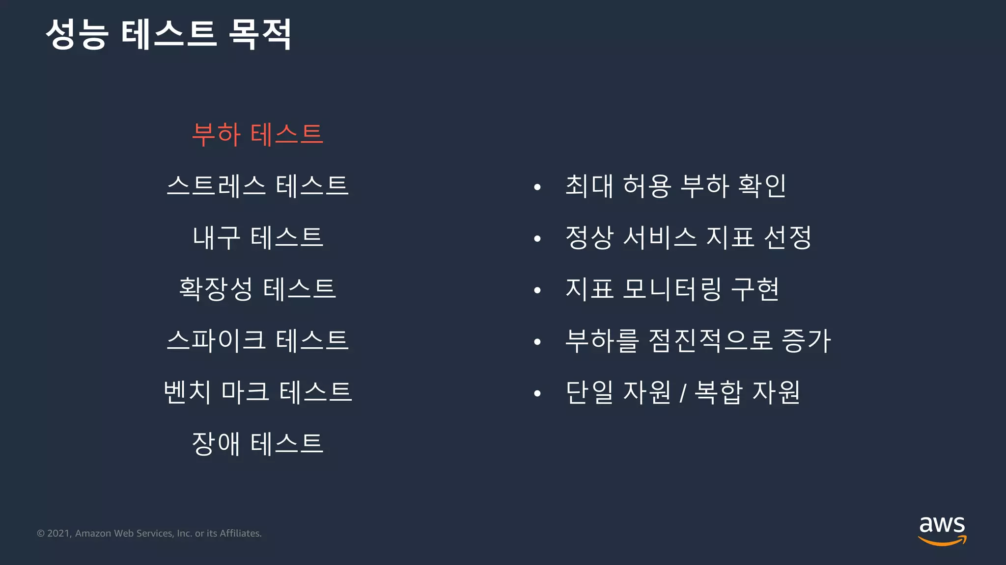 © 2021, Amazon Web Services, Inc. or its Affiliates.
성능 테스트 목적
부하 테스트
스트레스 테스트
내구 테스트
확장성 테스트
스파이크 테스트
벤치 마크 테스트
장애 테스트
• 최대 허용 부하 확인
• 정상 서비스 지표 선정
• 지표 모니터링 구현
• 부하를 점진적으로 증가
• 단일 자원 / 복합 자원
 