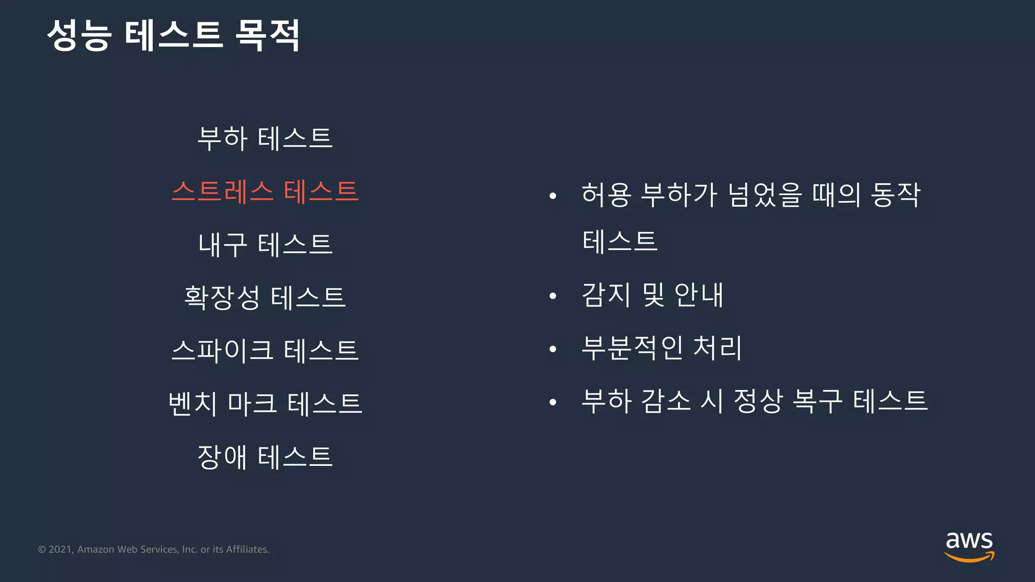 © 2021, Amazon Web Services, Inc. or its Affiliates.
성능 테스트 목적
부하 테스트
스트레스 테스트
내구 테스트
확장성 테스트
스파이크 테스트
벤치 마크 테스트
장애 테스트
• 허용 부하가 넘었을 때의 동작
테스트
• 감지 및 안내
• 부분적인 처리
• 부하 감소 시 정상 복구 테스트
 