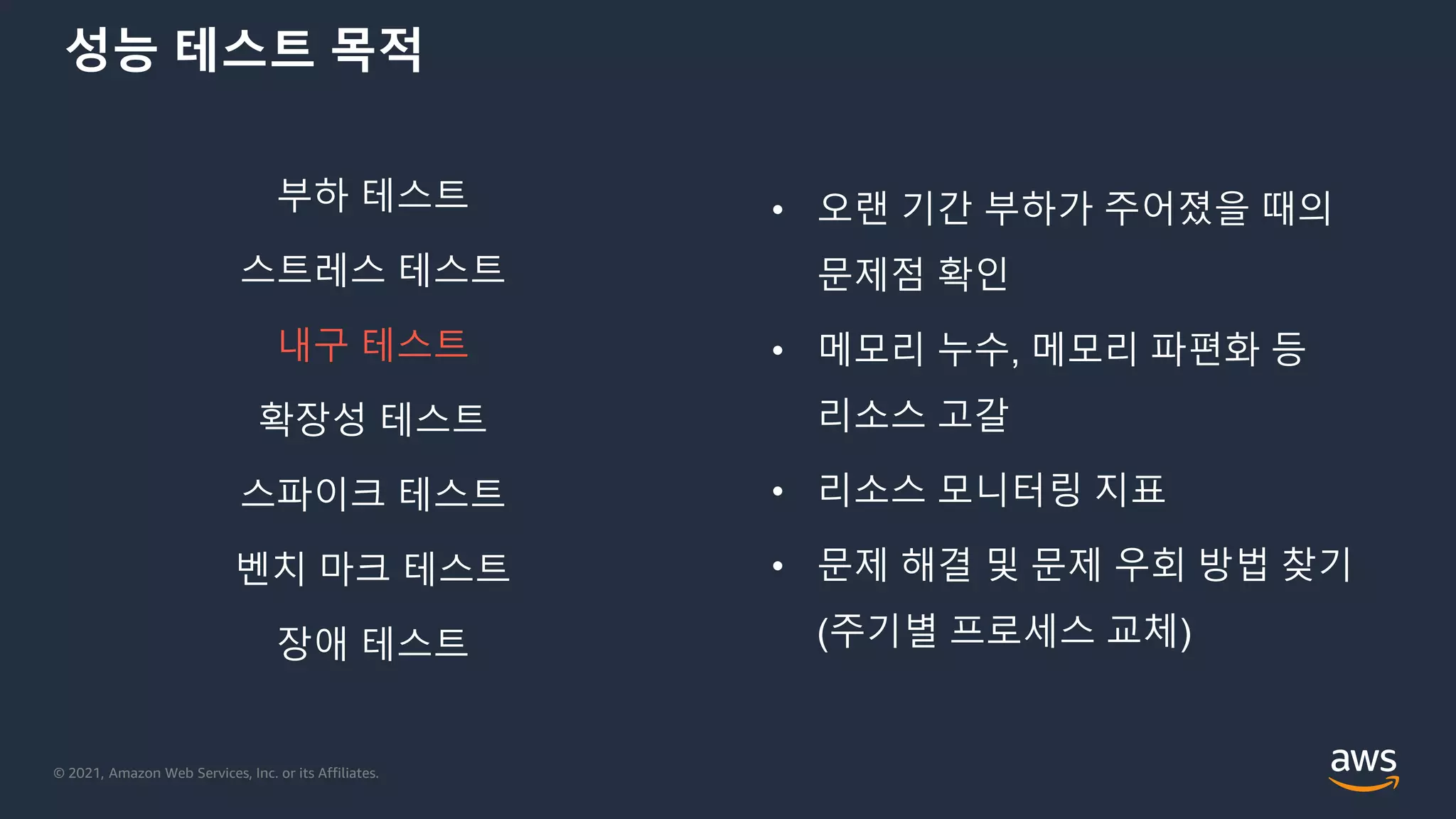 © 2021, Amazon Web Services, Inc. or its Affiliates.
성능 테스트 목적
부하 테스트
스트레스 테스트
내구 테스트
확장성 테스트
스파이크 테스트
벤치 마크 테스트
장애 테스트
• 오랜 기간 부하가 주어졌을 때의
문제점 확인
• 메모리 누수, 메모리 파편화 등
리소스 고갈
• 리소스 모니터링 지표
• 문제 해결 및 문제 우회 방법 찾기
(주기별 프로세스 교체)
 