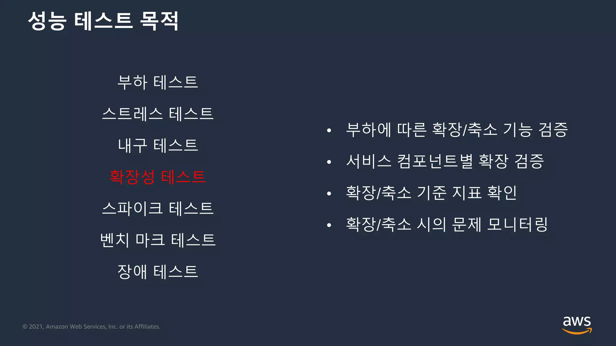 © 2021, Amazon Web Services, Inc. or its Affiliates.
성능 테스트 목적
부하 테스트
스트레스 테스트
내구 테스트
확장성 테스트
스파이크 테스트
벤치 마크 테스트
장애 테스트
• 부하에 따른 확장/축소 기능 검증
• 서비스 컴포넌트별 확장 검증
• 확장/축소 기준 지표 확인
• 확장/축소 시의 문제 모니터링
 