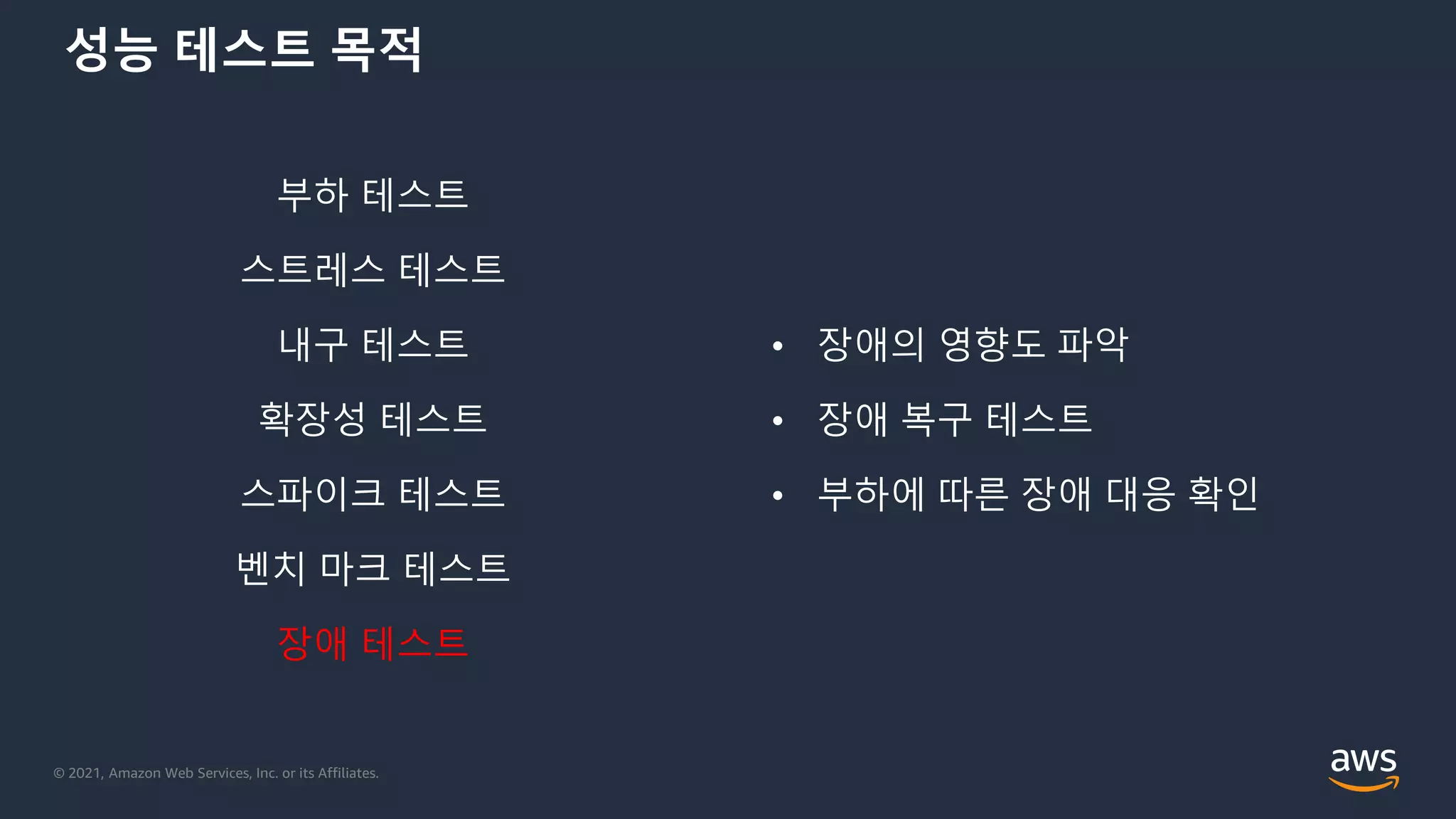 © 2021, Amazon Web Services, Inc. or its Affiliates.
성능 테스트 목적
부하 테스트
스트레스 테스트
내구 테스트
확장성 테스트
스파이크 테스트
벤치 마크 테스트
장애 테스트
• 장애의 영향도 파악
• 장애 복구 테스트
• 부하에 따른 장애 대응 확인
 