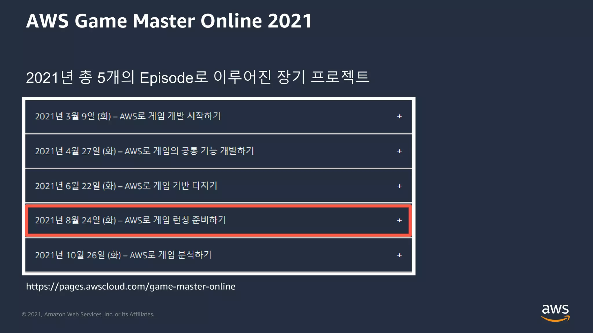 © 2021, Amazon Web Services, Inc. or its Affiliates.
AWS Game Master Online 2021
2021년 총 5개의 Episode로 이루어진 장기 프로젝트
https://pages.awscloud.com/game-master-online
 
