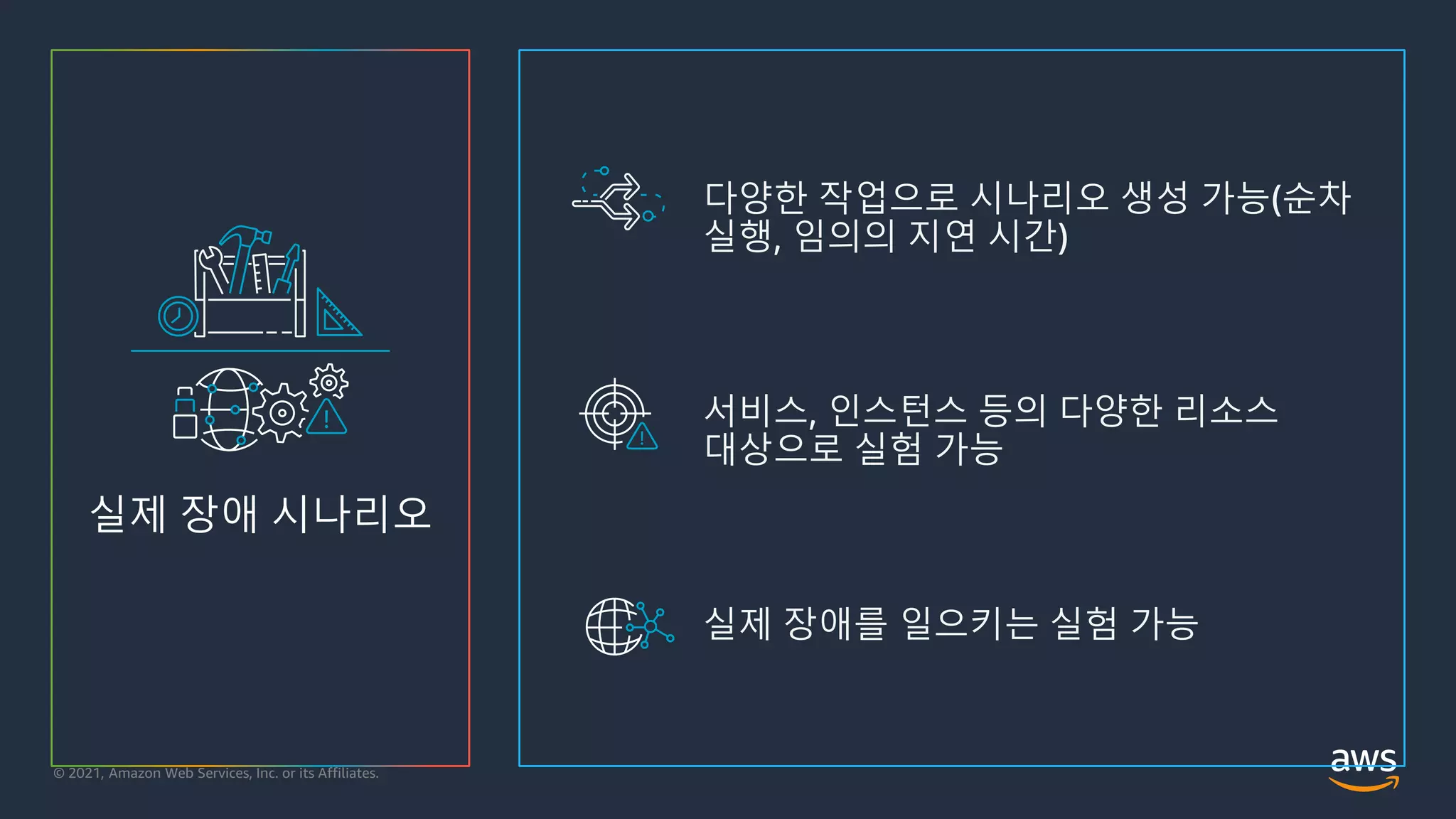 © 2021, Amazon Web Services, Inc. or its Affiliates.
실제 장애 시나리오
다양한 작업으로 시나리오 생성 가능(순차
실행, 임의의 지연 시간)
서비스, 인스턴스 등의 다양한 리소스
대상으로 실험 가능
실제 장애를 일으키는 실험 가능
 