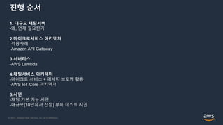 © 2021, Amazon Web Services, Inc. or its Affiliates.
진행 순서
1. 대규모 채팅서버
-왜, 언제 필요한가
2.마이크로서비스 아키텍처
-적용사례
-Amazon API Gateway
3.서버리스
-AWS Lambda
4.채팅서비스 아키텍처
-마이크로 서비스 + 메시지 브로커 활용
-AWS IoT Core 아키텍처
5.시연
-채팅 기본 기능 시연
-대규모(10만유저 산정) 부하 테스트 시연
 