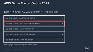 © 2021, Amazon Web Services, Inc. or its Affiliates.
AWS Game Master Online 2021
2021년 총 5개의 Episode로 이루어진 장기 프로젝트
https://pages.awscloud.com/game-master-online
 