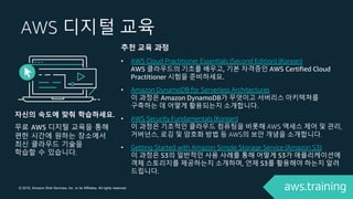© 2019, Amazon Web Services, Inc. or its Affiliates. All rights reserved.
AWS 디지털 교육
추천 교육 과정
• AWS Cloud Practitioner Essentials (Second Edition) (Korean)
AWS 클라우드의 기초를 배우고, 기본 자격증인 AWS Certified Cloud
Practitioner 시험을 준비하세요.
• Amazon DynamoDB for Serverless Architectures
이 과정은 Amazon DynamoDB가 무엇이고 서버리스 아키텍쳐를
구축하는 데 어떻게 활용되는지 소개합니다.
• AWS Security Fundamentals (Korean)
이 과정은 기초적인 클라우드 컴퓨팅을 비롯해 AWS 액세스 제어 및 관리,
거버넌스, 로깅 및 암호화 방법 등 AWS의 보안 개념을 소개합니다.
• Getting Started with Amazon Simple Storage Service (Amazon S3)
이 과정은 S3의 일반적인 사용 사례를 통해 어떻게 S3가 애플리케이션에
객체 스토리지를 제공하는지 소개하며, 언제 S3를 활용해야 하는지 알려
드립니다.
자신의 속도에 맞춰 학습하세요.
무료 AWS 디지털 교육을 통해
편한 시간에 원하는 장소에서
최신 클라우드 기술을
학습할 수 있습니다.
 