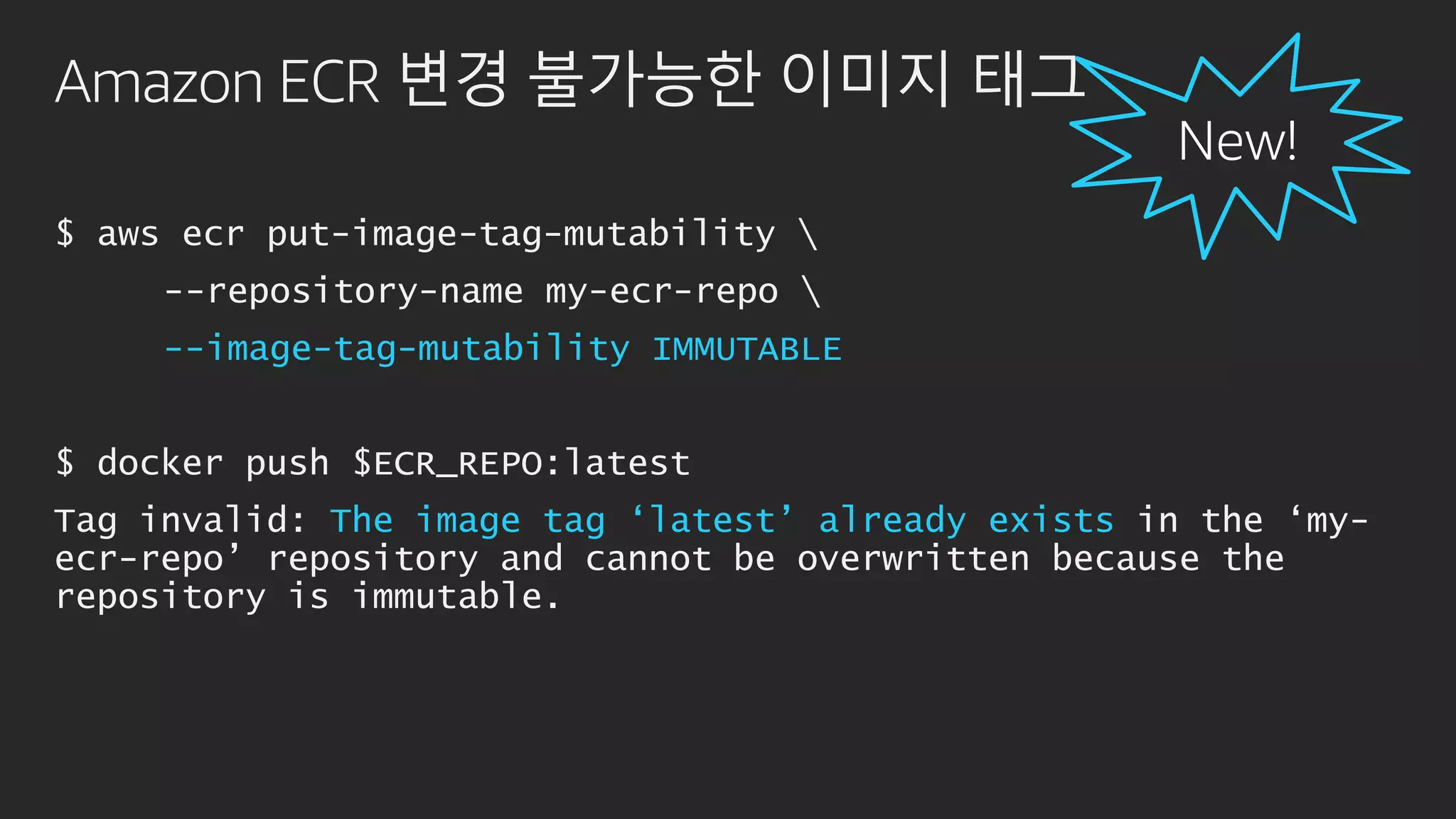 Amazon ECR 변경 불가능한 이미지 태그
$ aws ecr put-image-tag-mutability 
--repository-name my-ecr-repo 
--image-tag-mutability IMMUTABLE
$ docker push $ECR_REPO:latest
Tag invalid: The image tag ‘latest’ already exists in the ‘my-
ecr-repo’ repository and cannot be overwritten because the
repository is immutable.
 