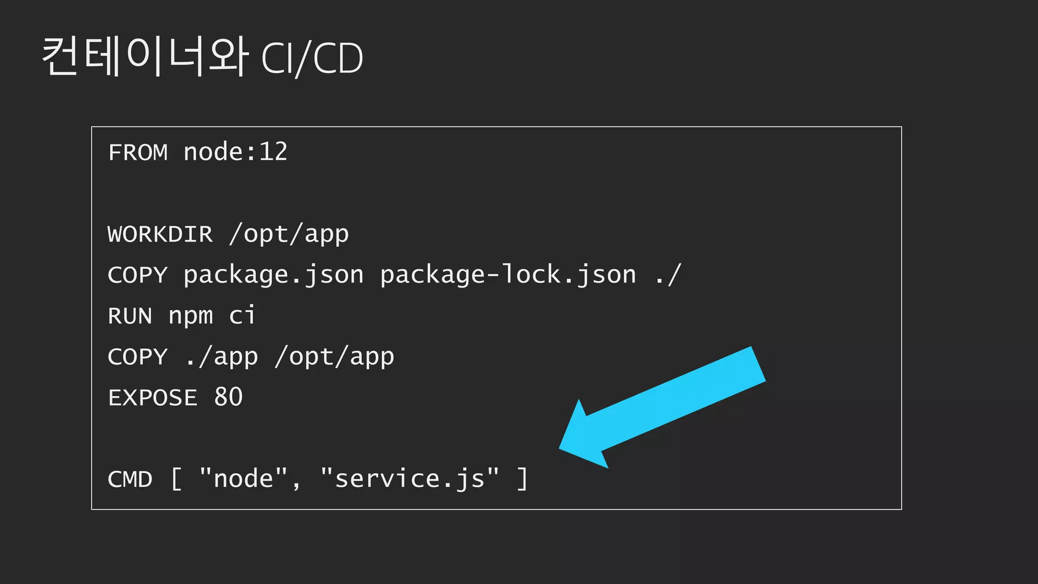 컨테이너와 CI/CD
FROM node:12
WORKDIR /opt/app
COPY package.json package-lock.json ./
RUN npm ci
COPY ./app /opt/app
EXPOSE 80
CMD [ "node", "service.js" ]
 