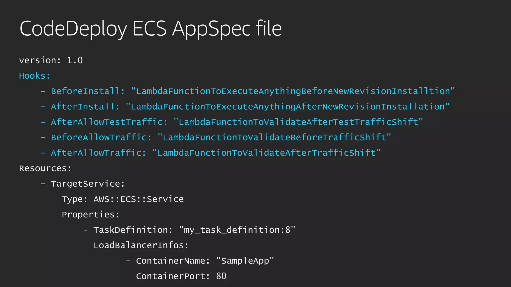 CodeDeploy ECS AppSpec file
version: 1.0
Hooks:
- BeforeInstall: "LambdaFunctionToExecuteAnythingBeforeNewRevisionInstalltion"
- AfterInstall: "LambdaFunctionToExecuteAnythingAfterNewRevisionInstallation"
- AfterAllowTestTraffic: "LambdaFunctionToValidateAfterTestTrafficShift"
- BeforeAllowTraffic: "LambdaFunctionToValidateBeforeTrafficShift"
- AfterAllowTraffic: "LambdaFunctionToValidateAfterTrafficShift"
Resources:
- TargetService:
Type: AWS::ECS::Service
Properties:
- TaskDefinition: "my_task_definition:8"
LoadBalancerInfos:
- ContainerName: "SampleApp"
ContainerPort: 80
 