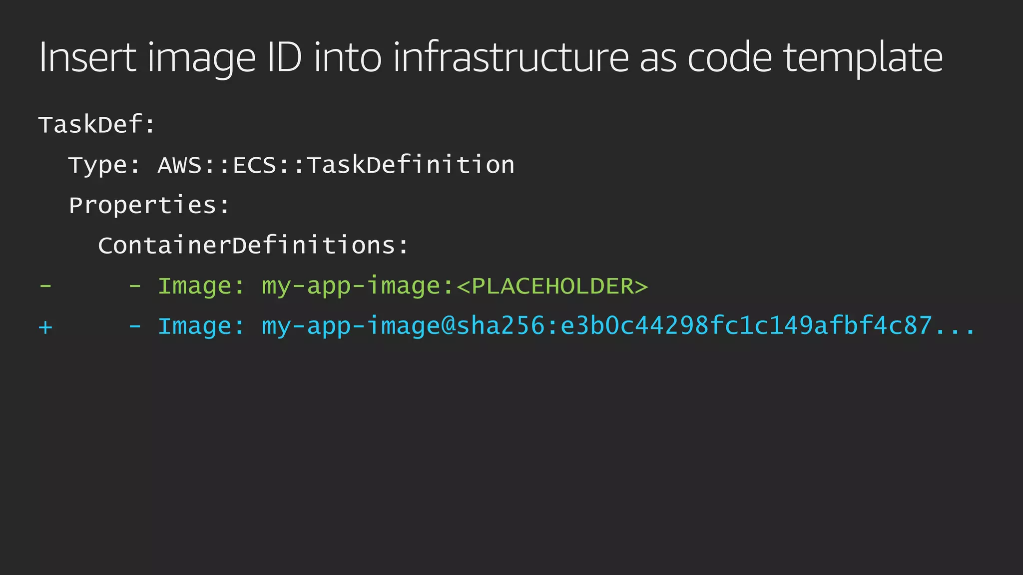 Insert image ID into infrastructure as code template
TaskDef:
Type: AWS::ECS::TaskDefinition
Properties:
ContainerDefinitions:
- - Image: my-app-image:<PLACEHOLDER>
+ - Image: my-app-image@sha256:e3b0c44298fc1c149afbf4c87...
 