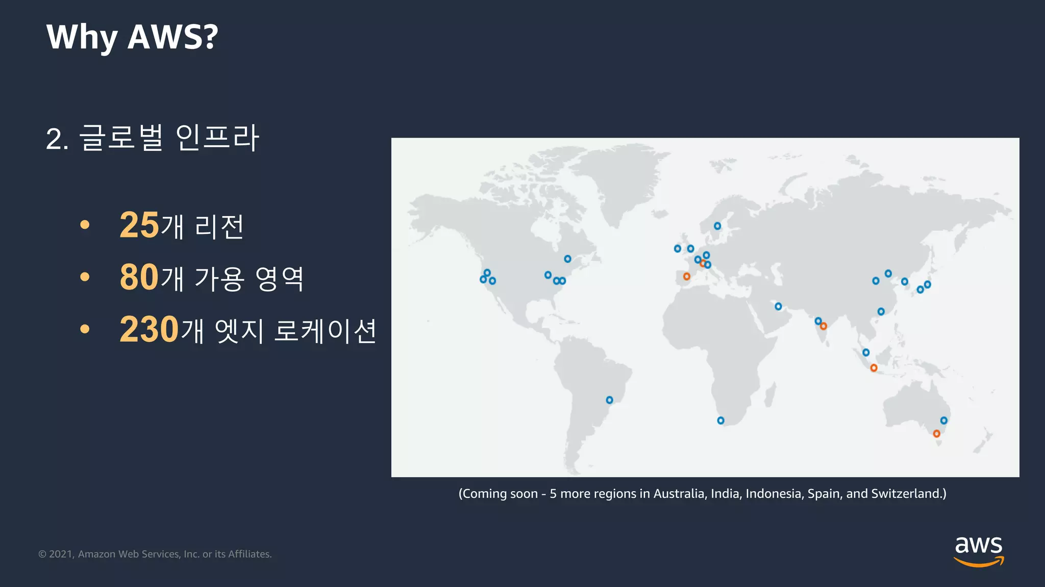 © 2021, Amazon Web Services, Inc. or its Affiliates.
Why AWS?
2. 글로벌 인프라
• 25개 리전
• 80개 가용 영역
• 230개 엣지 로케이션
(Coming soon - 5 more regions in Australia, India, Indonesia, Spain, and Switzerland.)
 