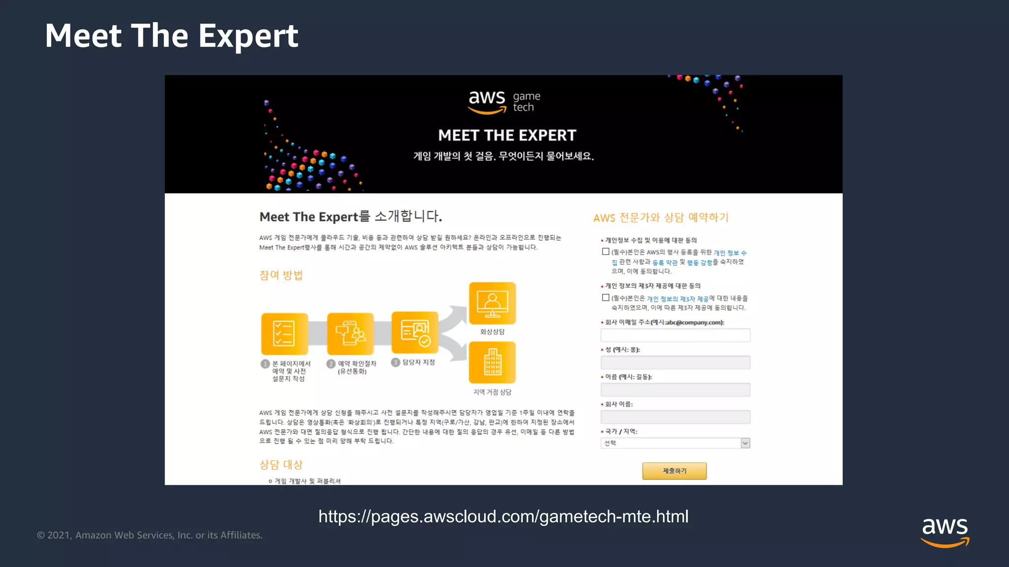 © 2021, Amazon Web Services, Inc. or its Affiliates.
Meet The Expert
https://pages.awscloud.com/gametech-mte.html
 