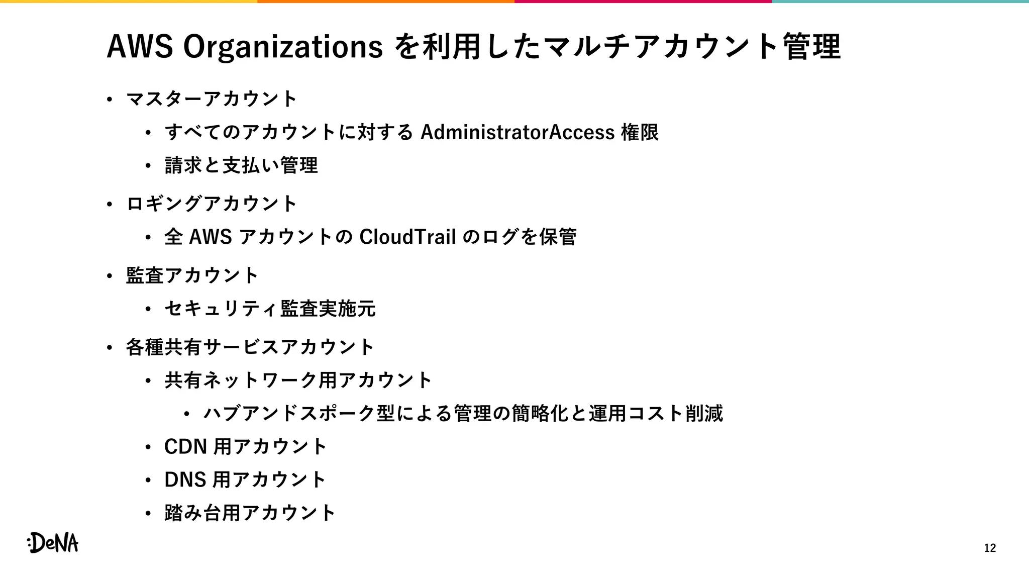 AWS Organizations を利用したマルチアカウント管理
• マスターアカウント
• すべてのアカウントに対する AdministratorAccess 権限
• 請求と支払い管理
• ロギングアカウント
• 全 AWS アカウントの CloudTrail のログを保管
• 監査アカウント
• セキュリティ監査実施元
• 各種共有サービスアカウント
• 共有ネットワーク用アカウント
• ハブアンドスポーク型による管理の簡略化と運用コスト削減
• CDN 用アカウント
• DNS 用アカウント
• 踏み台用アカウント
12
 