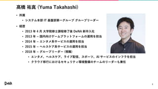 髙橋 祐真 (Yuma Takahashi)
• 所属
• システム本部 IT 基盤部第一グループ グループリーダー
• 経歴
• 2013 年 4 月 大学院修士課程修了後 DeNA 新卒入社
• 2013 年 ~ 国内向けゲームプラットフォームの運用を担当
• 2014 年 ~ エンタメ系サービスの運用を担当
• 2015 年 ~ ヘルスケア系サービスの運用を担当
• 2018 年 ~ グループリーダー (現職)
• エンタメ、ヘルスケア、ライブ配信、スポーツ、AI サービスのインフラを担当
• クラウド移行におけるセキュリティ環境整備のチームのリーダーも兼任
2
 