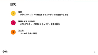 目次
3
背景
DeNA のインフラの概況とセキュリティ環境整備の必要性
課題を解決する施策
AWS アカウント管理とセキュリティ監査自動化
まとめ
まとめと今後の展望
1
3
2
 
