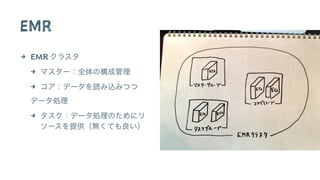 EMR
4 EMR クラスタ
4 マスター：全体の構成管理
4 コア：データを読み込みつつ
データ処理
4 タスク：データ処理のためにリ
ソースを提供（無くても良い）
 