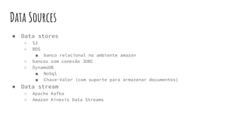 Data Sources
● Data stores
○ S3
○ RDS
■ banco relacional no ambiente amazon
○ bancos com conexão JDBC
○ DynamoDB
■ NoSql
■ Chave-Valor (com suporte para armazenar documentos)
● Data stream
○ Apache Kafka
○ Amazon Kinesis Data Streams
 