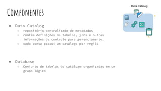 Componentes
● Data Catalog
○ repositório centralizado de metadados
○ contêm definições de tabelas, jobs e outras
informações de controle para gerenciamento.
○ cada conta possui um catálogo por região
● Database
○ Conjunto de tabelas do catálogo organizadas em um
grupo lógico
 