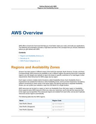 AWS Overview
AWS offers a broad set of services that help you move faster, lower your costs, and scale your applications.
The following documentation provides a high-level overview of the concepts that you should understand
before you get started with AWS.
Contents
• Regions and Availability Zones (p. 3)
• Security (p. 4)
• AWS Product Categories (p. 4)
Regions and Availability Zones
Amazon has data centers in different areas of the world (for example, North America, Europe, and Asia).
Correspondingly, AWS products are available to use in different regions. By placing resources in separate
regions, you can design your website or app to be closer to specific customers or to meet legal or other
requirements. Note that prices for AWS usage vary by region.
Each region contains multiple distinct locations called Availability Zones. Each Availability Zone is
engineered to be isolated from failures in other Availability Zones, and to provide inexpensive, low-latency
network connectivity to other zones in the same region. By placing resources in separate Availability
Zones, you can protect your website or app from the failure of a single location.
AWS resources can be tied to a region or tied to an Availability Zone. Not every region or Availability
Zone supports every AWS resource. When you view your resources, you'll only see the resources tied
to the region you've specified.This is because regions are isolated from each other, and we don't replicate
resources across regions automatically.
The following table lists the AWS regions.
Region CodeName
ap-northeast-2Asia Pacific (Seoul)
ap-southeast-1Asia Pacific (Singapore)
ap-southeast-2Asia Pacific (Sydney)
3
Getting Started with AWS
Regions and Availability Zones
 