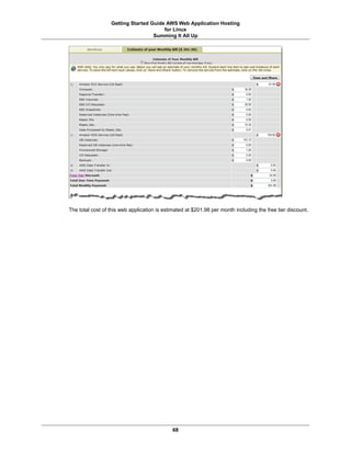 Getting Started Guide AWS Web Application Hosting
                                       for Linux
                                   Summing It All Up




The total cost of this web application is estimated at $201.98 per month including the free tier discount.




                                             68
 