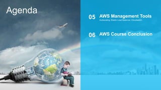 Agenda
Autoscaling, Elastic Load Balancer, Cloudwatch .
AWS Management Tools05
.
AWS Course Conclusion06
 