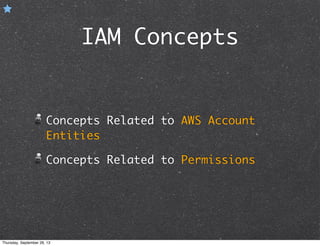 IAM Concepts
Concepts Related to AWS Account
Entities
Concepts Related to Permissions
Thursday, September 26, 13
 