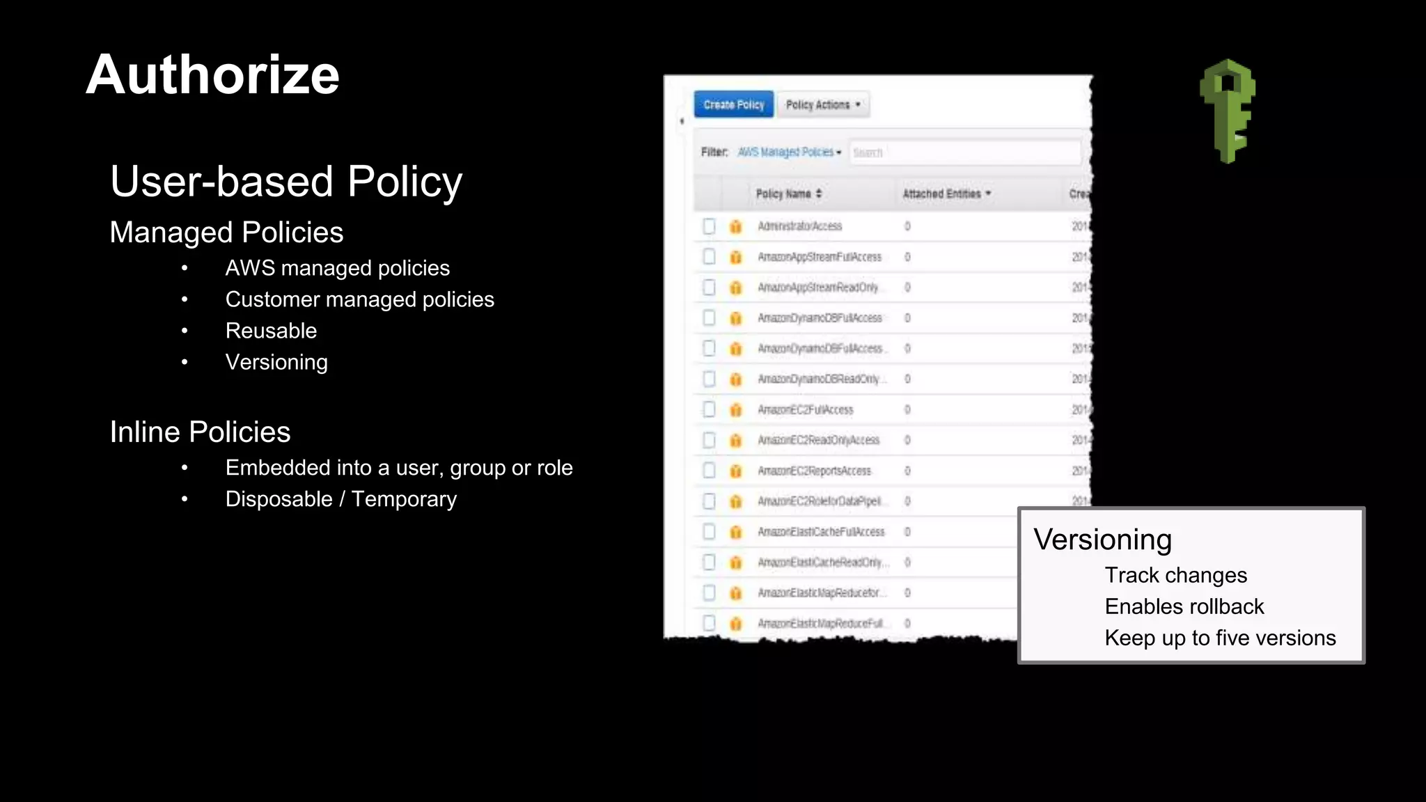 User-based Policy
Managed Policies
• AWS managed policies
• Customer managed policies
• Reusable
• Versioning
Inline Policies
• Embedded into a user, group or role
• Disposable / Temporary
Authorize
Versioning
Track changes
Enables rollback
Keep up to five versions
 