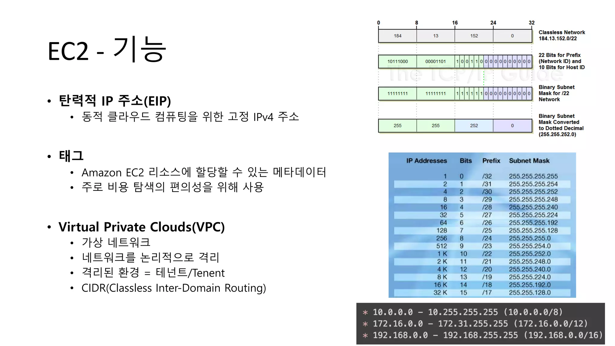 EC2 - 기능
• 탄력적 IP 주소(EIP)
• 동적 클라우드 컴퓨팅을 위한 고정 IPv4 주소
• 태그
• Amazon EC2 리소스에 할당할 수 있는 메타데이터
• 주로 비용 탐색의 편의성을 위해 사용
• Virtual Private Clouds(VPC)
• 가상 네트워크
• 네트워크를 논리적으로 격리
• 격리된 환경 = 테넌트/Tenent
• CIDR(Classless Inter-Domain Routing)
 