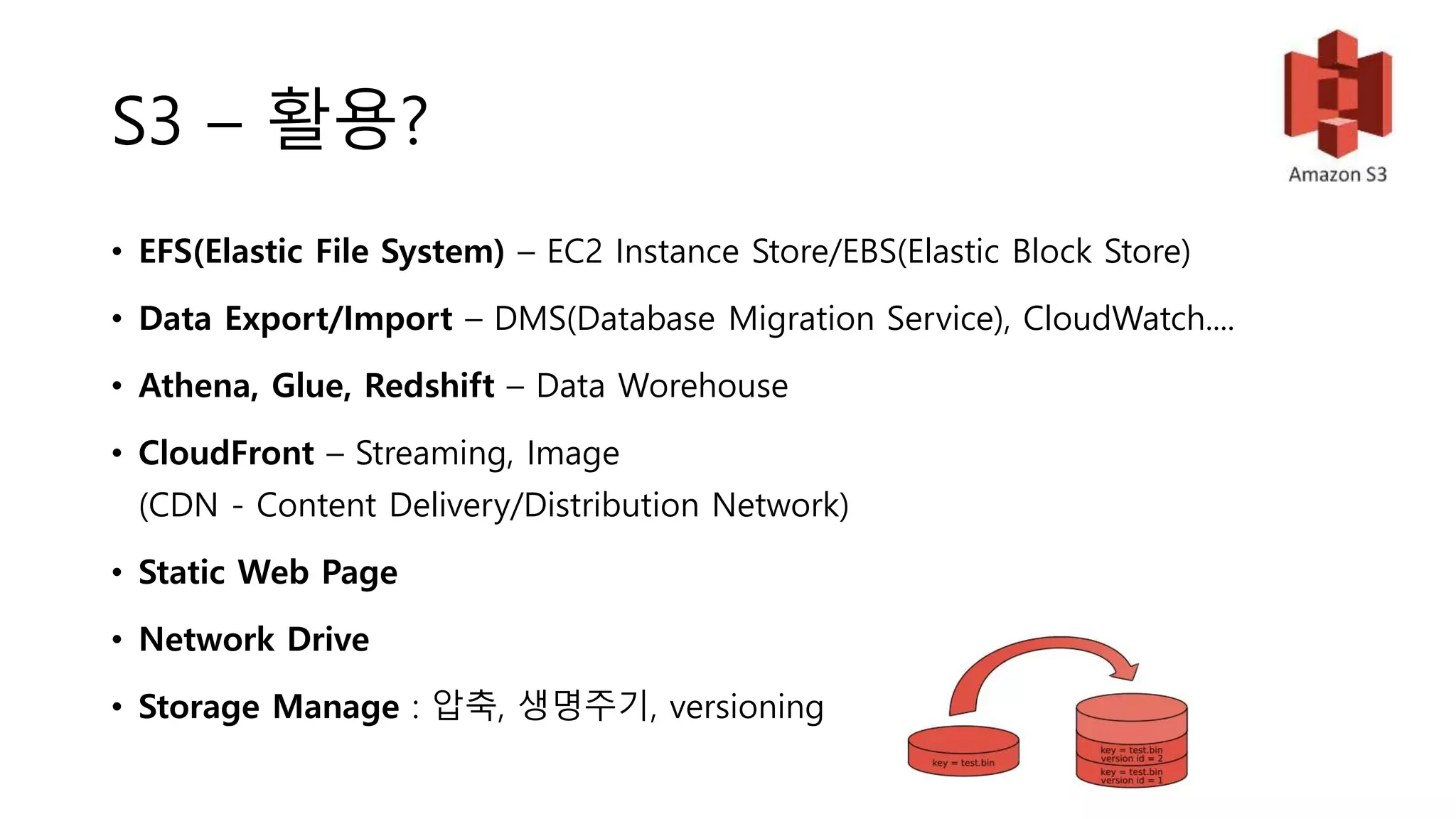 S3 – 활용?
• EFS(Elastic File System) – EC2 Instance Store/EBS(Elastic Block Store)
• Data Export/Import – DMS(Database Migration Service), CloudWatch....
• Athena, Glue, Redshift – Data Worehouse
• CloudFront – Streaming, Image
(CDN - Content Delivery/Distribution Network)
• Static Web Page
• Network Drive
• Storage Manage : 압축, 생명주기, versioning
 