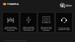 © 2017, Amazon Web Services, Inc. or its Affiliates. All rights reserved.
Kubernetes Network
Policies enforce network
security rules
Calico is the leading
implementation of the
network policy API
Open source, active
development (>100
contributors)
Commercial support
available from Tigera
 