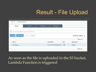 Result - File Upload
As soon as the file is uploaded in the S3 bucket,
Lambda Function is triggered
 