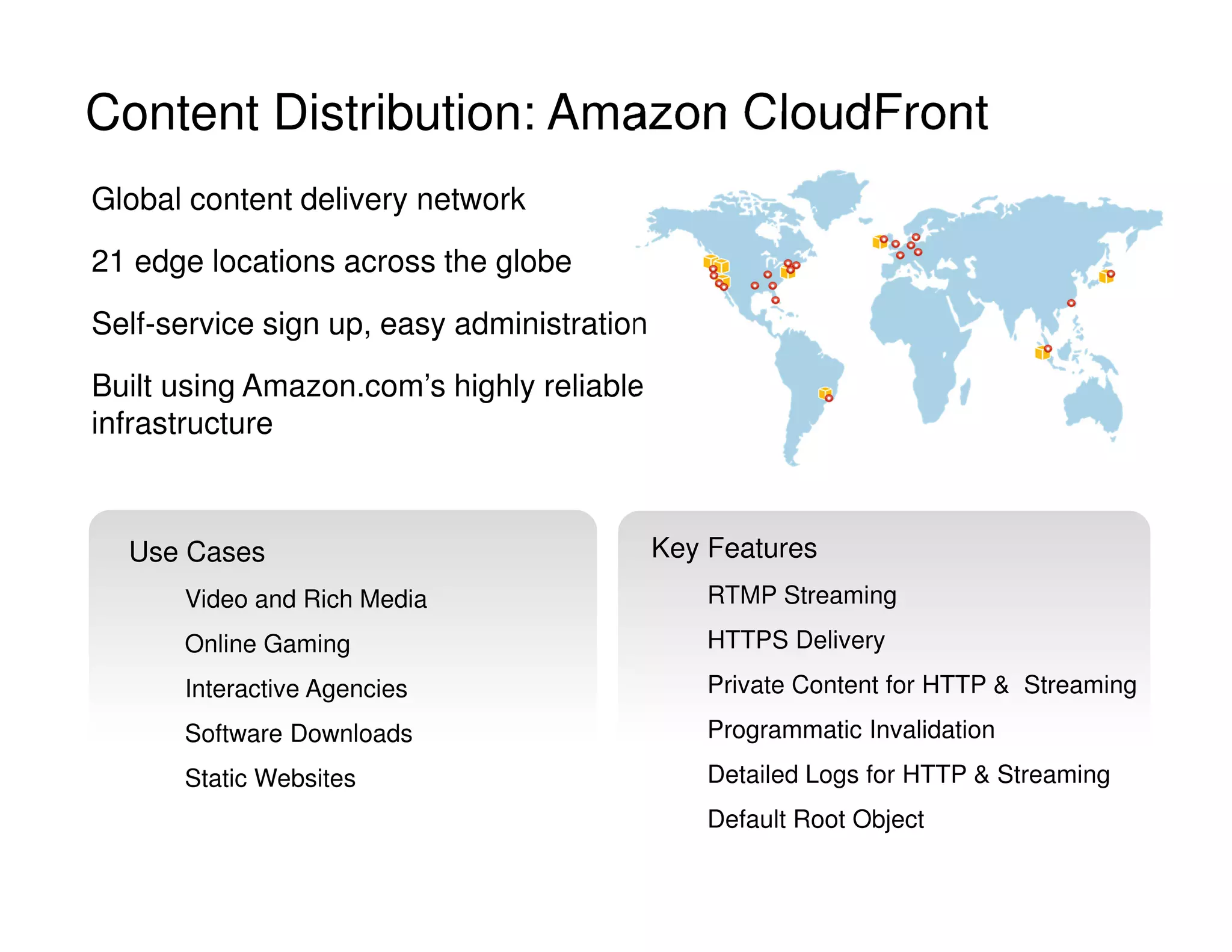Global content delivery network
21 edge locations across the globe
Self-service sign up, easy administration
Built using Amazon.com’s highly reliable
infrastructure
Content Distribution: Amazon CloudFront
Key Features
RTMP Streaming
HTTPS Delivery
Private Content for HTTP  Streaming
Programmatic Invalidation
Detailed Logs for HTTP  Streaming
Default Root Object
Use Cases
Video and Rich Media
Online Gaming
Interactive Agencies
Software Downloads
Static Websites
 