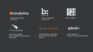 MOBILE ENGAGEMENT
PLATFORM
SOCIAL COMMERCE
SOLUTIONS
PLATFORM FOR
OPERATIONAL INTELLIGENCE
SOCIAL GAMING
CLOUD-DELIVERED,
NEXT-GENERATION SECURITY
SERVICES
OPEN SOURCE, SCALABLE
PLATFORM FOR APACHE
KAFKA
 