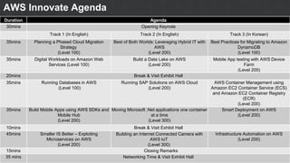 Duration Agenda
30mins Opening Keynote
Track 1 (In English) Track 2 (In English) Track 3 (In Korean)
35mins Planning a Phased Cloud Migration
Strategy
(Level 100)
Best of Both Worlds: Leveraging Hybrid IT with
AWS
(Level 200)
Best Practices for Migrating to Amazon
DynamoDB
(Level 100)
35mins Digital Workloads on Amazon Web
Services (Level 100)
Build a Data Lake on AWS
(Level 200)
Mobile App testing with AWS Device
Farm
(Level 200)
20mins Break & Visit Exhibit Hall
35mins Running Databases in AWS
(Level 100)
Running SAP Solutions on AWS Cloud
(Level 200)
AWS Container Management using
Amazon EC2 Container Service (ECS)
and Amazon EC2 Container Registry
(ECR)
(Level 200)
35mins Build Mobile Apps using AWS SDKs and
Mobile Hub
(Level 200)
Moving Microsoft .Net applications one container
at a time
(Level 300)
Smart Deployment on AWS
(Level 200)
10mins Break & Visit Exhibit Hall
45mins Smaller IS Better – Exploiting
Microservices on AWS
(Level 200)
Building an Internet Connected Camera with
AWS IoT
(Level 300)
Infrastructure Automation on AWS
(Level 200)
15mins Closing Remarks
35 mins Networking Time & Visit Exhibit Hall
AWS Innovate Agenda
 