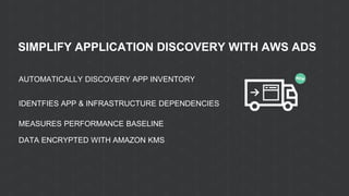 SIMPLIFY APPLICATION DISCOVERY WITH AWS ADS
AUTOMATICALLY DISCOVERY APP INVENTORY
IDENTFIES APP & INFRASTRUCTURE DEPENDENCIES
MEASURES PERFORMANCE BASELINE
DATA ENCRYPTED WITH AMAZON KMS
 