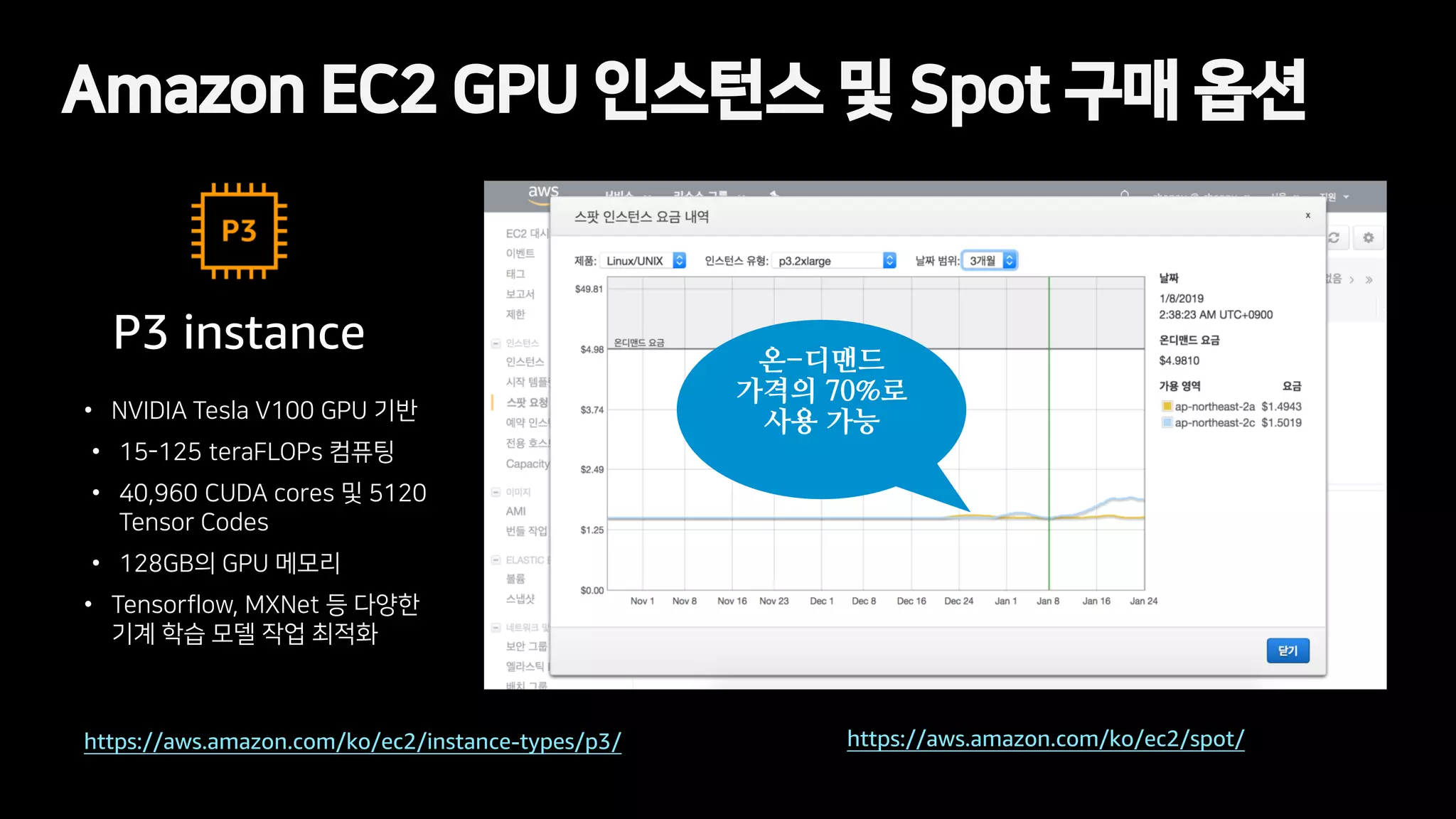 Amazon EC2 GPU 인스턴스 및 Spot 구매 옵션
https://aws.amazon.com/ko/ec2/spot/
온-디맨드
가격의 70%로
사용 가능• NVIDIA Tesla V100 GPU 기반
• 15-125 teraFLOPs 컴퓨팅
• 40,960 CUDA cores 및 5120
Tensor Codes
• 128GB의 GPU 메모리
• Tensorflow, MXNet 등 다양한
기계 학습 모델 작업 최적화
P3 instance
https://aws.amazon.com/ko/ec2/instance-types/p3/
 