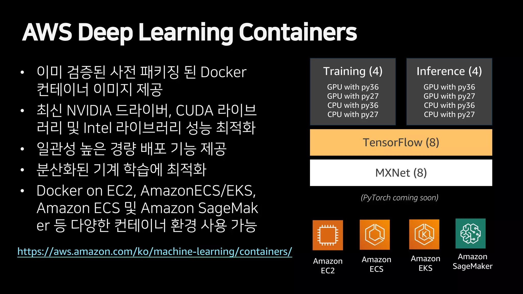 • 이미 검증된 사전 패키징 된 Docker
컨테이너 이미지 제공
• 최신 NVIDIA 드라이버, CUDA 라이브
러리 및 Intel 라이브러리 성능 최적화
• 일관성 높은 경량 배포 기능 제공
• 분산화된 기계 학습에 최적화
• Docker on EC2, AmazonECS/EKS,
Amazon ECS 및 Amazon SageMak
er 등 다양한 컨테이너 환경 사용 가능
AWS Deep Learning Containers
TensorFlow (8)
MXNet (8)
Training (4)
GPU with py36
GPU with py27
CPU with py36
CPU with py27
Inference (4)
GPU with py36
GPU with py27
CPU with py36
CPU with py27
(PyTorch coming soon)
Amazon
EKS
Amazon
ECS
Amazon
SageMaker
https://aws.amazon.com/ko/machine-learning/containers/
Amazon
EC2
 
