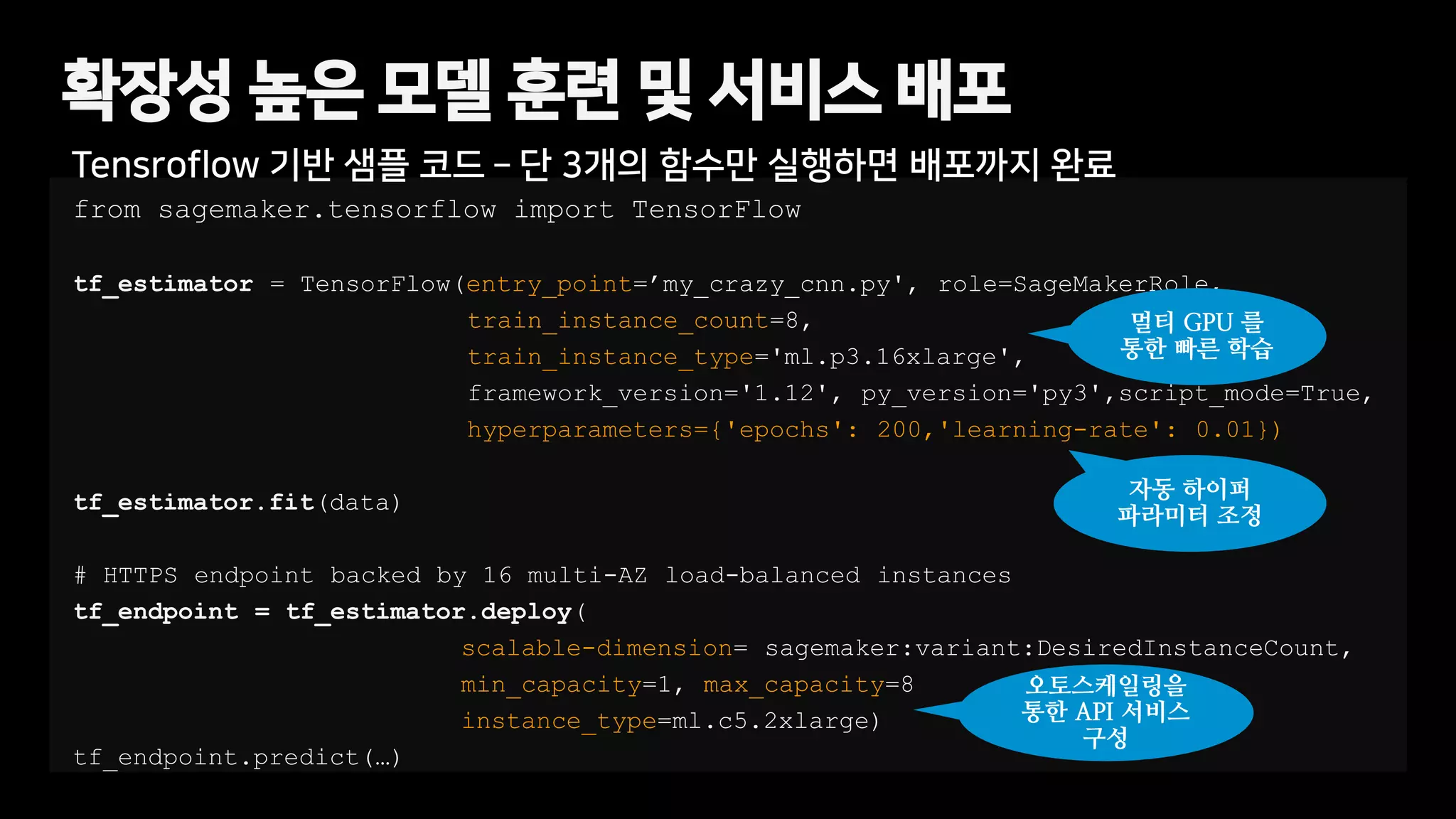from sagemaker.tensorflow import TensorFlow
tf_estimator = TensorFlow(entry_point=’my_crazy_cnn.py', role=SageMakerRole,
train_instance_count=8,
train_instance_type='ml.p3.16xlarge',
framework_version='1.12', py_version='py3',script_mode=True,
hyperparameters={'epochs': 200,'learning-rate': 0.01})
tf_estimator.fit(data)
# HTTPS endpoint backed by 16 multi-AZ load-balanced instances
tf_endpoint = tf_estimator.deploy(
scalable-dimension= sagemaker:variant:DesiredInstanceCount,
min_capacity=1, max_capacity=8
instance_type=ml.c5.2xlarge)
tf_endpoint.predict(…)
확장성 높은 모델 훈련 및 서비스 배포
자동 하이퍼
파라미터 조정
멀티 GPU 를
통한 빠른 학습
오토스케일링을
통한 API 서비스
구성
Tensroflow 기반 샘플 코드 – 단 3개의 함수만 실행하면 배포까지 완료
 