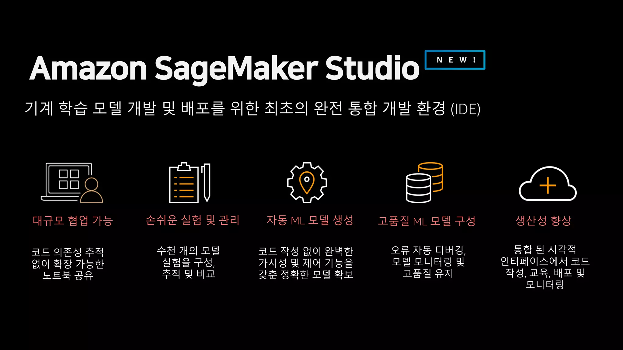 Amazon SageMaker Studio
기계 학습 모델 개발 및 배포를 위한 최초의 완전 통합 개발 환경 (IDE)
수천 개의 모델
실험을 구성,
추적 및 비교
손쉬운 실험 및 관리
코드 의존성 추적
없이 확장 가능한
노트북 공유
대규모 협업 가능
코드 작성 없이 완벽한
가시성 및 제어 기능을
갖춘 정확한 모델 확보
자동 ML 모델 생성
오류 자동 디버깅,
모델 모니터링 및
고품질 유지
고품질 ML 모델 구성
통합 된 시각적
인터페이스에서 코드
작성, 교육, 배포 및
모니터링
생산성 향상
N E W !
 