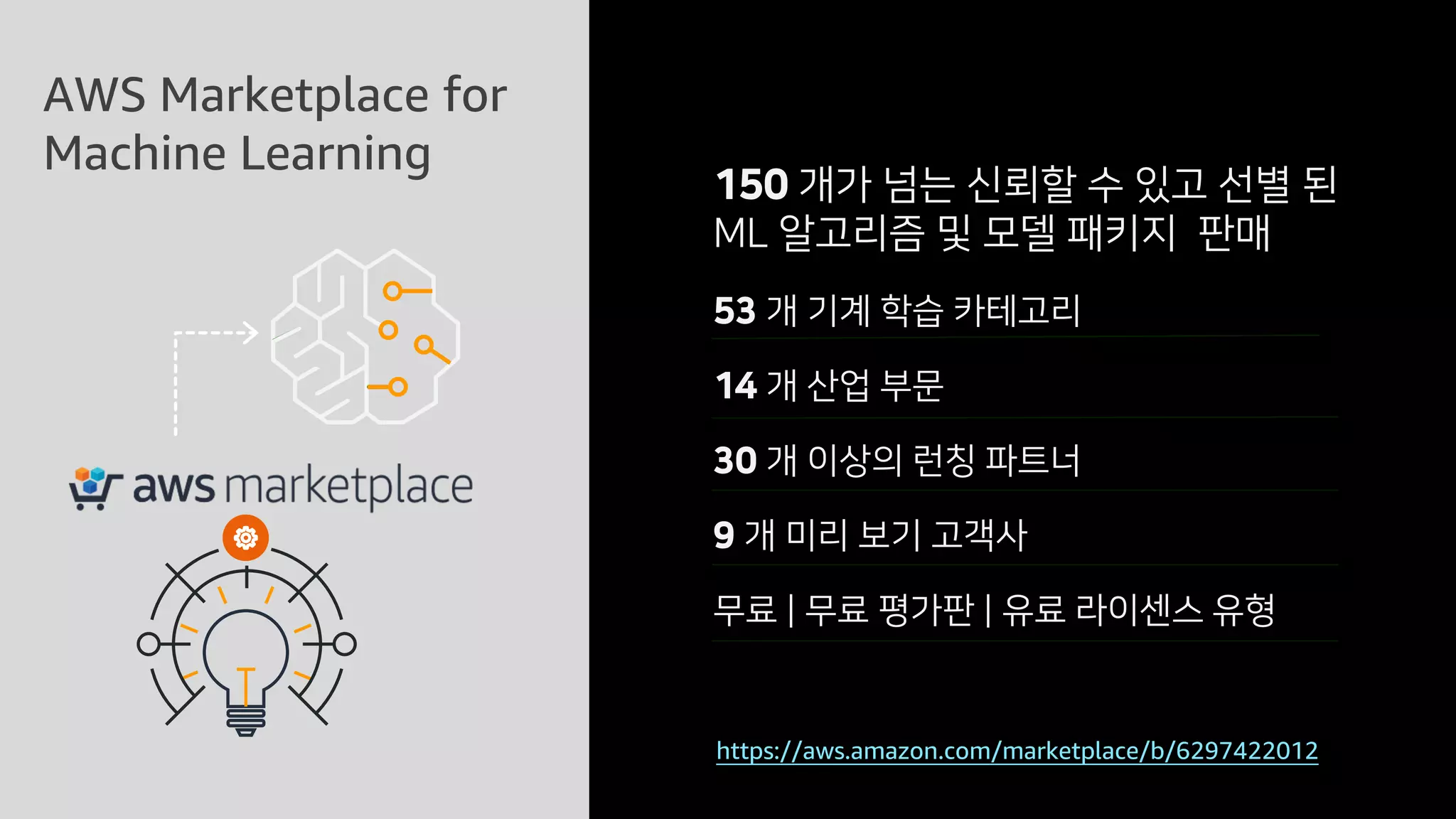 AWS Marketplace for
Machine Learning
150 개가 넘는 신뢰할 수 있고 선별 된
ML 알고리즘 및 모델 패키지 판매
53 개 기계 학습 카테고리
14 개 산업 부문
30 개 이상의 런칭 파트너
9 개 미리 보기 고객사
무료 | 무료 평가판 | 유료 라이센스 유형
https://aws.amazon.com/marketplace/b/6297422012
 