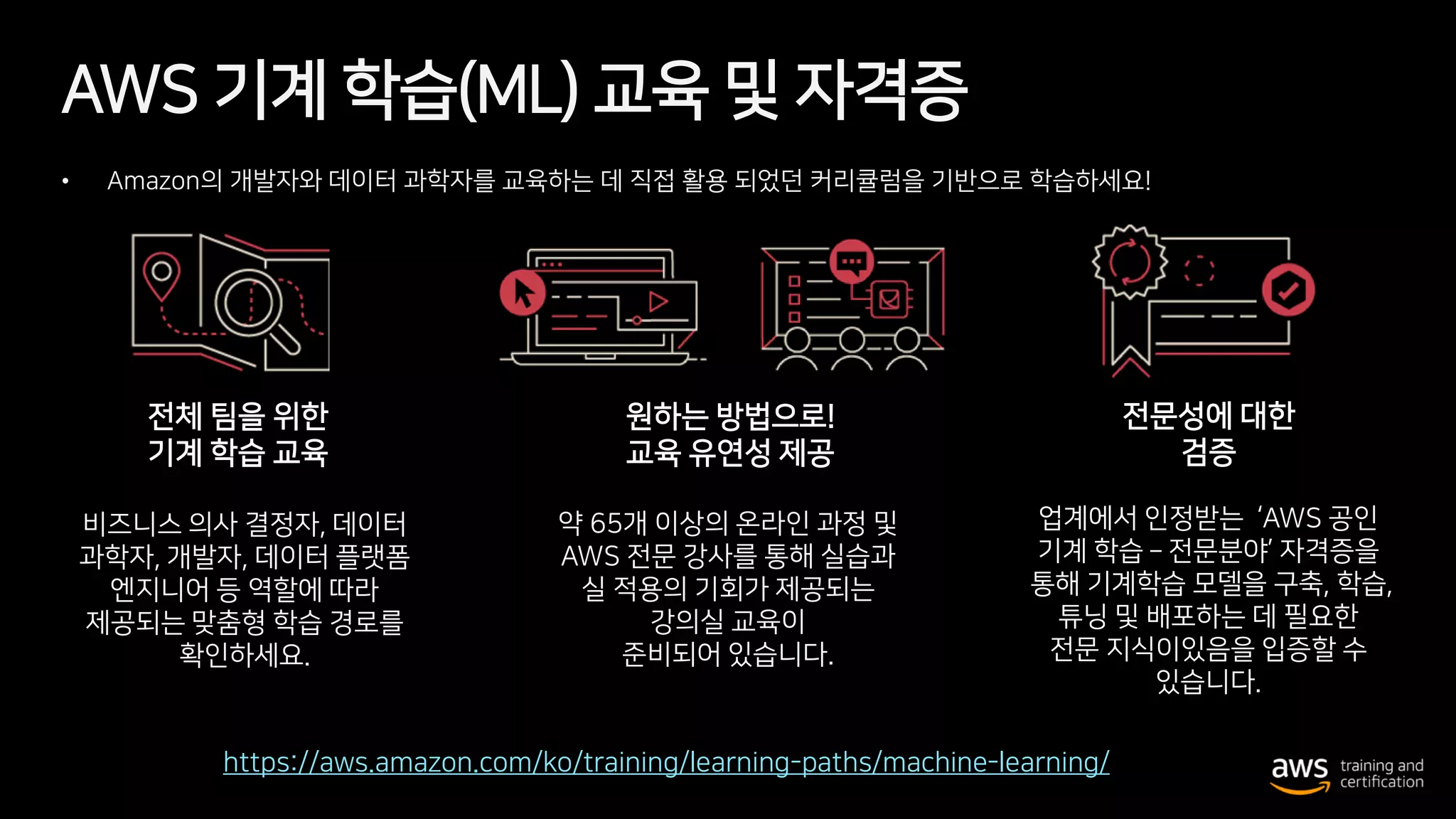 AWS 기계 학습(ML) 교육 및 자격증
• Amazon의 개발자와 데이터 과학자를 교육하는 데 직접 활용 되었던 커리큘럼을 기반으로 학습하세요!
전체 팀을 위한
기계 학습 교육
원하는 방법으로!
교육 유연성 제공
전문성에 대한
검증
비즈니스 의사 결정자, 데이터
과학자, 개발자, 데이터 플랫폼
엔지니어 등 역할에 따라
제공되는 맞춤형 학습 경로를
확인하세요.
약 65개 이상의 온라인 과정 및
AWS 전문 강사를 통해 실습과
실 적용의 기회가 제공되는
강의실 교육이
준비되어 있습니다.
업계에서 인정받는 ‘AWS 공인
기계 학습 – 전문분야’ 자격증을
통해 기계학습 모델을 구축, 학습,
튜닝 및 배포하는 데 필요한
전문 지식이있음을 입증할 수
있습니다.
https://aws.amazon.com/ko/training/learning-paths/machine-learning/
 