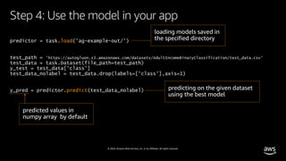 © 2020, Amazon Web Services, Inc. or its affiliates. All rights reserved.
predictor = task.load('ag-example-out/’)
test_path = 'https://autogluon.s3.amazonaws.com/datasets/AdultIncomeBinaryClassification/test_data.csv'
test_data = task.Dataset(file_path=test_path)
y_test = test_data['class']
test_data_nolabel = test_data.drop(labels=['class'],axis=1)
y_pred = predictor.predict(test_data_nolabel)
Step 4: Use the model in your app
 