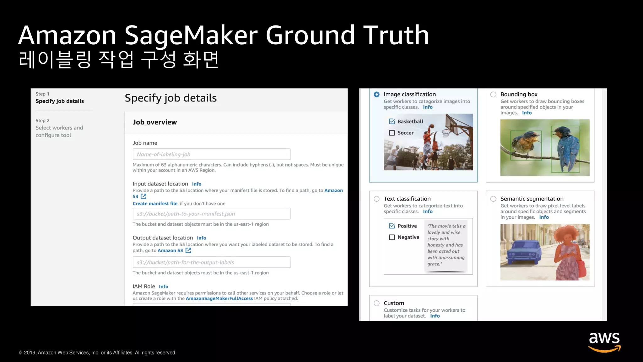 © 2019, Amazon Web Services, Inc. or its Affiliates. All rights reserved.© 2019, Amazon Web Services, Inc. or its Affiliates. All rights reserved.
Amazon SageMaker Ground Truth
레이블링 작업 구성 화면
 