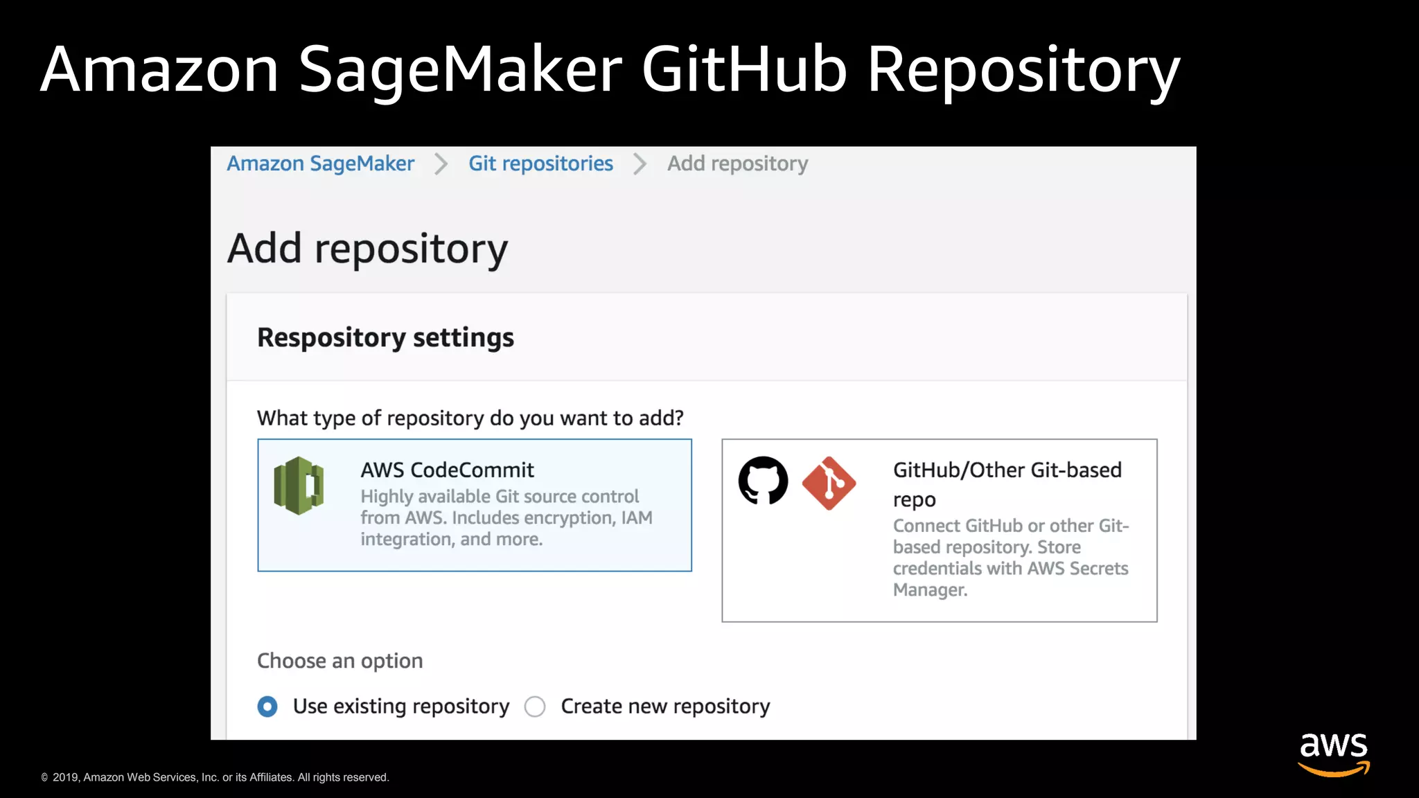 © 2019, Amazon Web Services, Inc. or its Affiliates. All rights reserved.© 2019, Amazon Web Services, Inc. or its Affiliates. All rights reserved.
Amazon SageMaker GitHub Repository
 