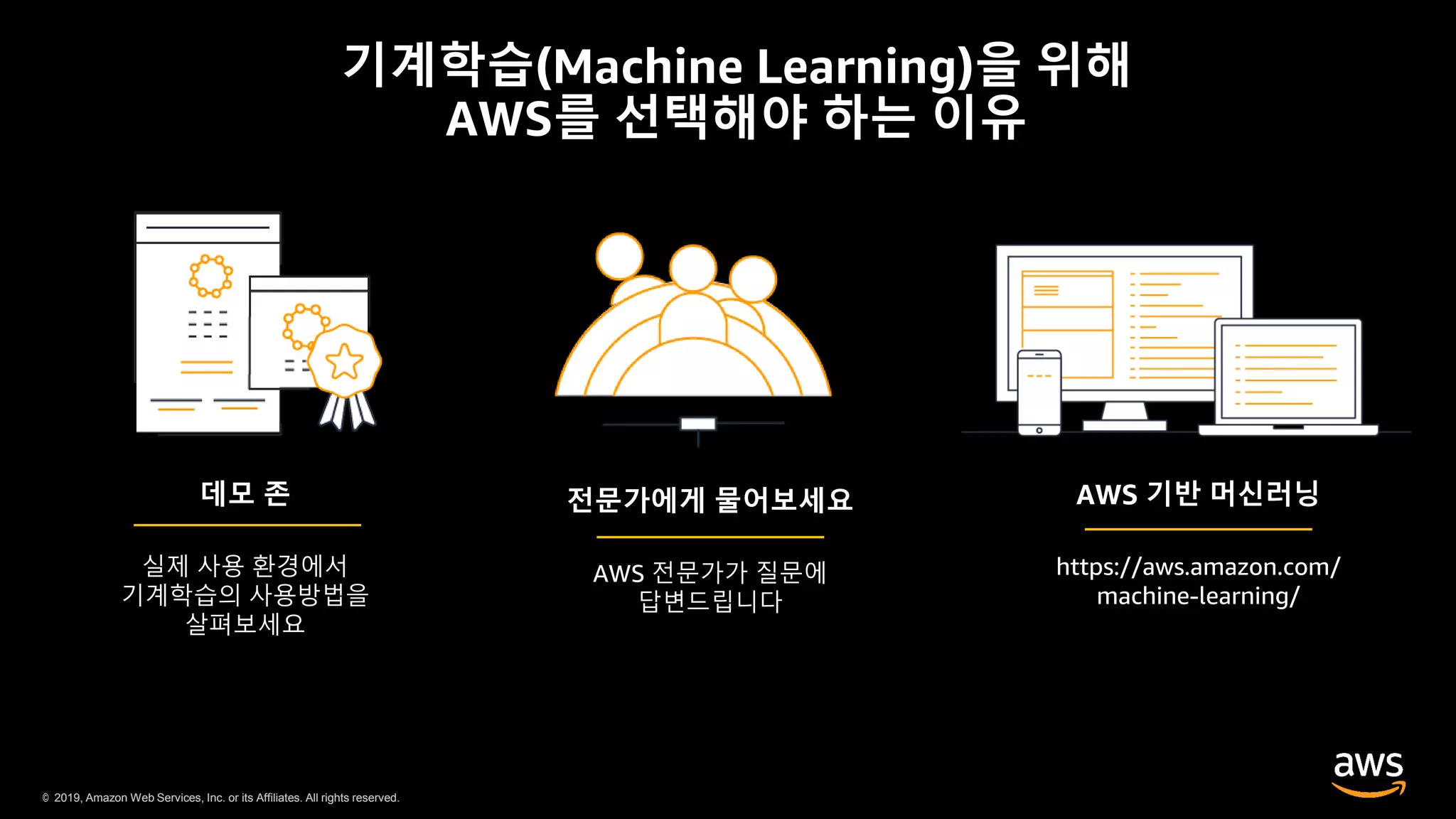© 2019, Amazon Web Services, Inc. or its Affiliates. All rights reserved.© 2019, Amazon Web Services, Inc. or its Affiliates. All rights reserved.
기계학습(Machine Learning)을 위해
AWS를 선택해야 하는 이유
데모 존
실제 사용 환경에서
기계학습의 사용방법을
살펴보세요
AWS 기반 머신러닝
https://aws.amazon.com/
machine-learning/
전문가에게 물어보세요
AWS 전문가가 질문에
답변드립니다
 