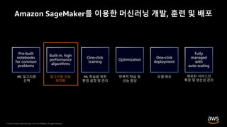 © 2019, Amazon Web Services, Inc. or its Affiliates. All rights reserved.
알고리즘 성능
최적화
Amazon SageMaker를 이용한 머신러닝 개발, 훈련 및 배포
 