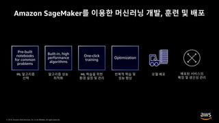 © 2019, Amazon Web Services, Inc. or its Affiliates. All rights reserved.
Amazon SageMaker를 이용한 머신러닝 개발, 훈련 및 배포
 