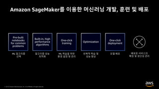 © 2019, Amazon Web Services, Inc. or its Affiliates. All rights reserved.
Amazon SageMaker를 이용한 머신러닝 개발, 훈련 및 배포
 